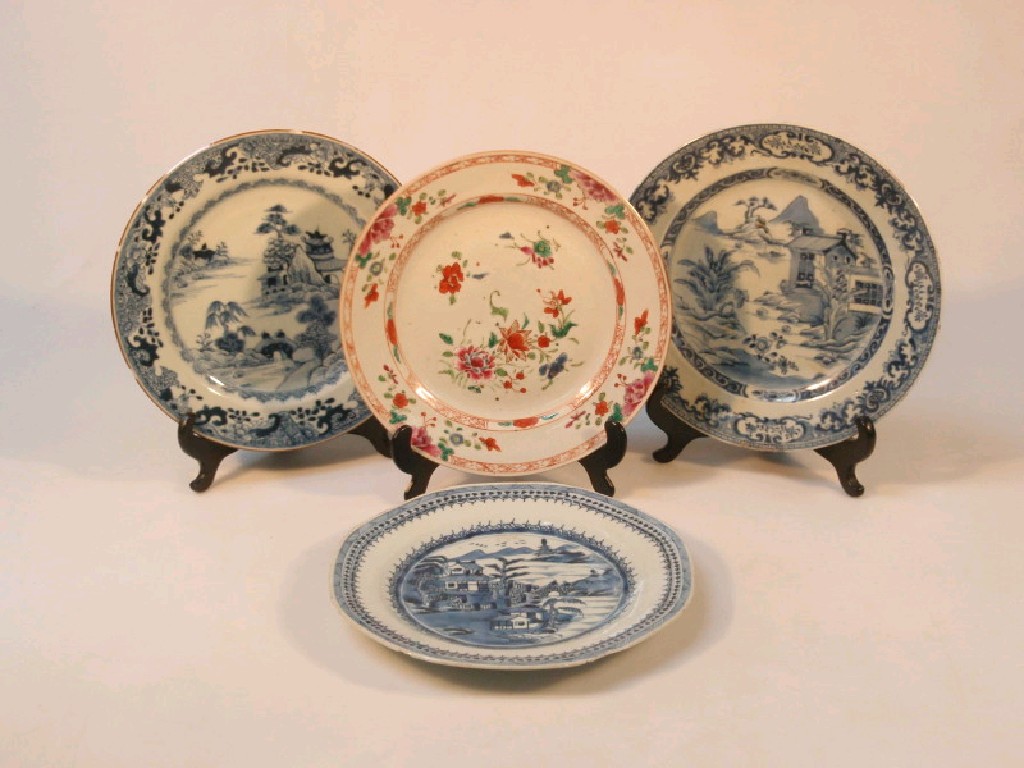 Appraisal: Three Chinese blue and white plates with landscape decoration and