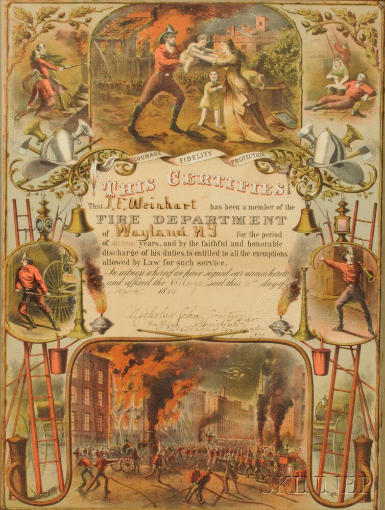 Appraisal: Framed Chromolithograph Fireman's Service Certificate New York the certificate of