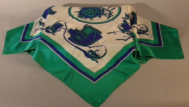 Appraisal: Measures square This green blue and white carriage pattern scarf