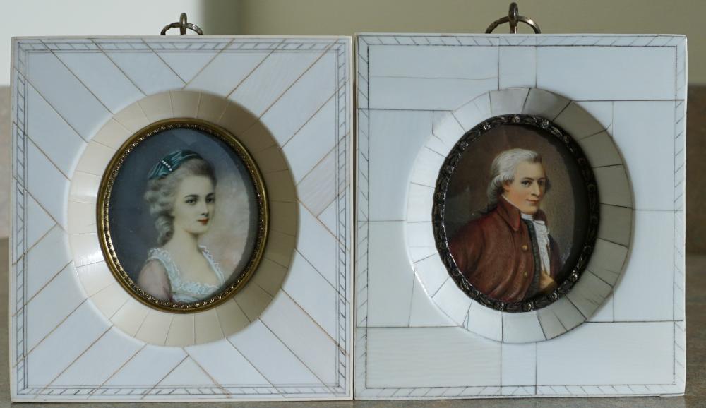 Appraisal: TWO FRAMED PORTRAIT MINIATURES WOLFGANG AMADEUS MOZART AND CONSTANZE WEBER