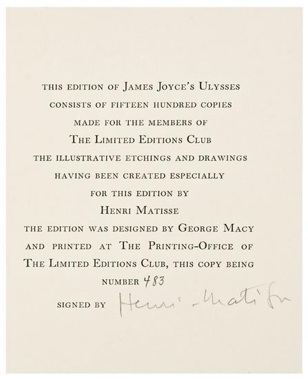 Appraisal: LIMITED EDITIONS CLUB -- James JOYCE and Henri MATISSE illustrator