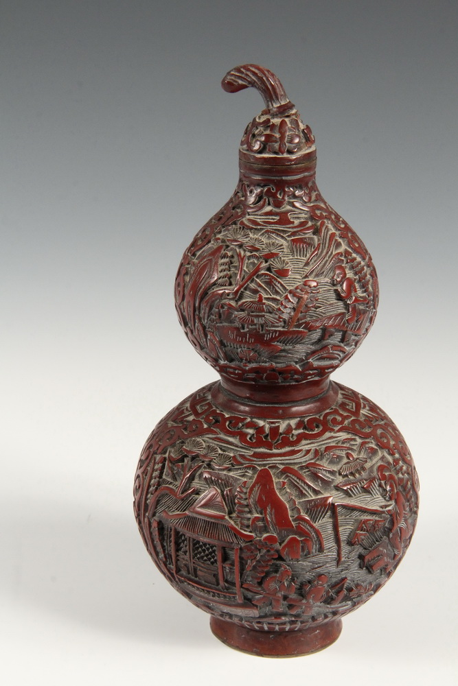 Appraisal: CHINESE CINNABAR BOTTLE - Chinese Cinnabar Lacquer Deeply Carved Double