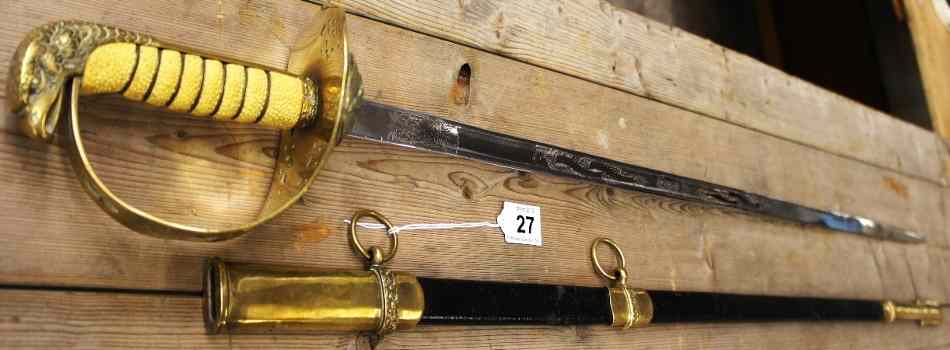 Appraisal: RAF Dress Sword with Ornate Blade and leather scabbard shark