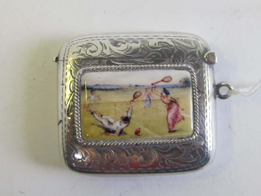 Appraisal: Silver and enamel vesta depicting a game of tennis Birmingham