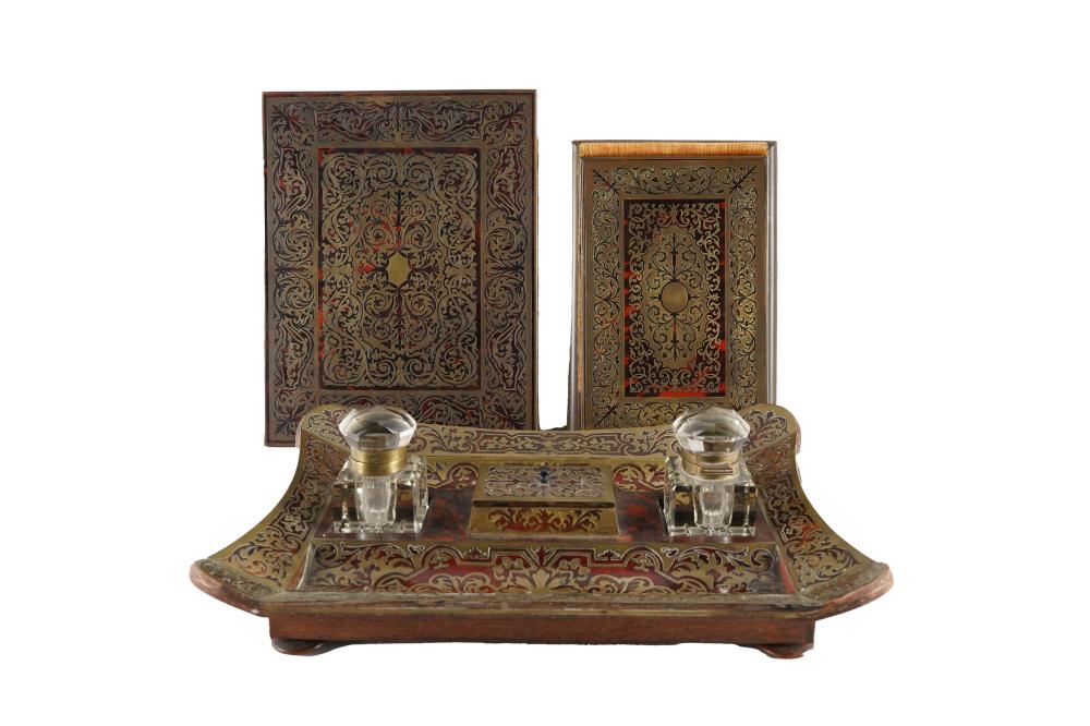 Appraisal: BOULLE-STYLE BRASS MARQUETRY DESK SETcomprising an inkstand inches wide a