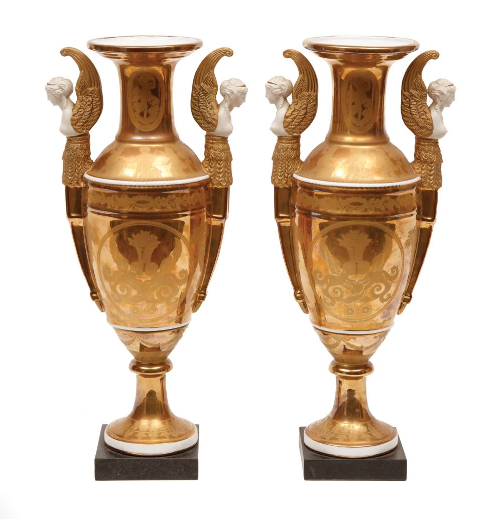 Appraisal: Pair of Paris Bisque Polychrome and Gilt Porcelain Amphora Vases