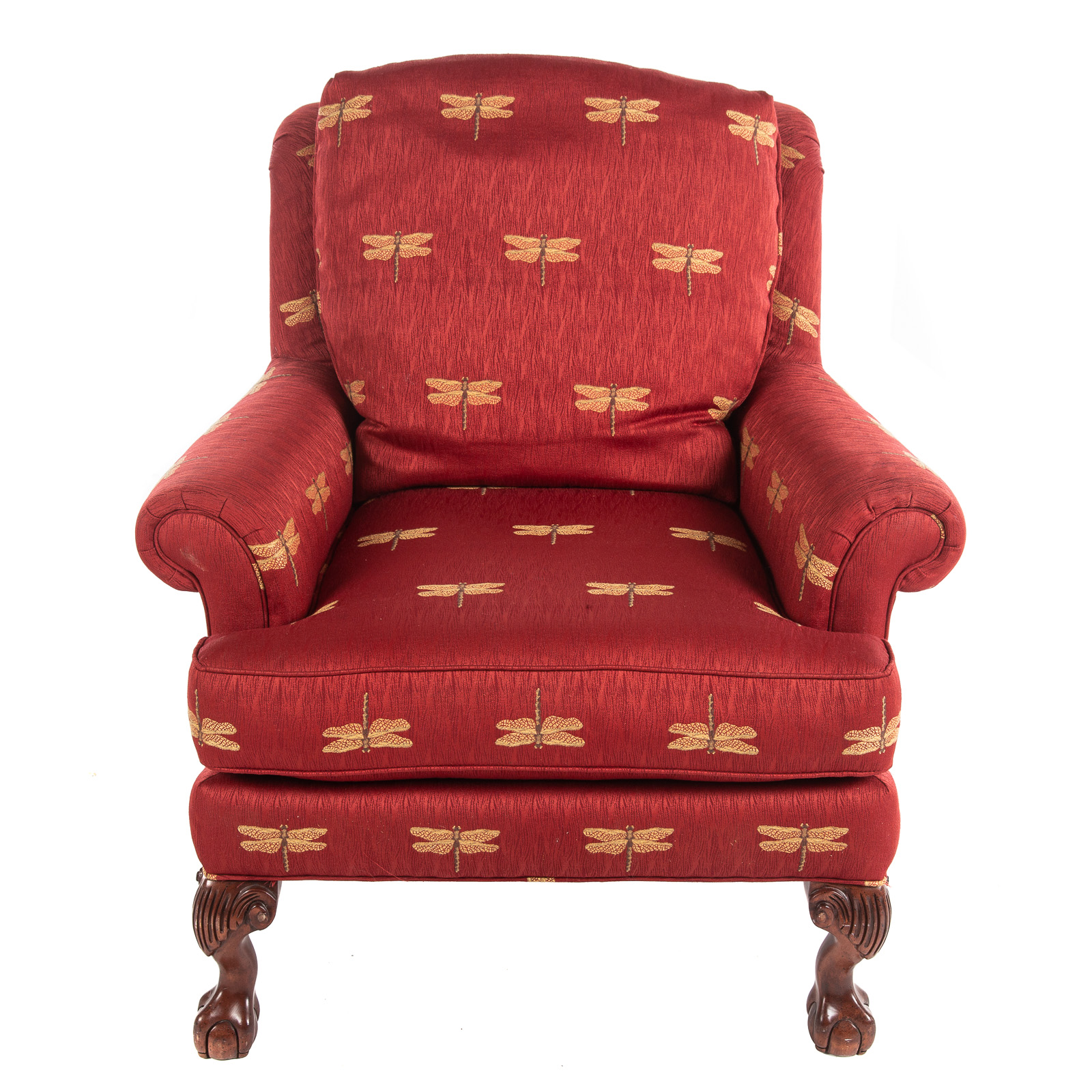 Appraisal: SHERILL UPHOLSTERED CHIPPENDALE STYLE WING CHAIR st century with dragonfly