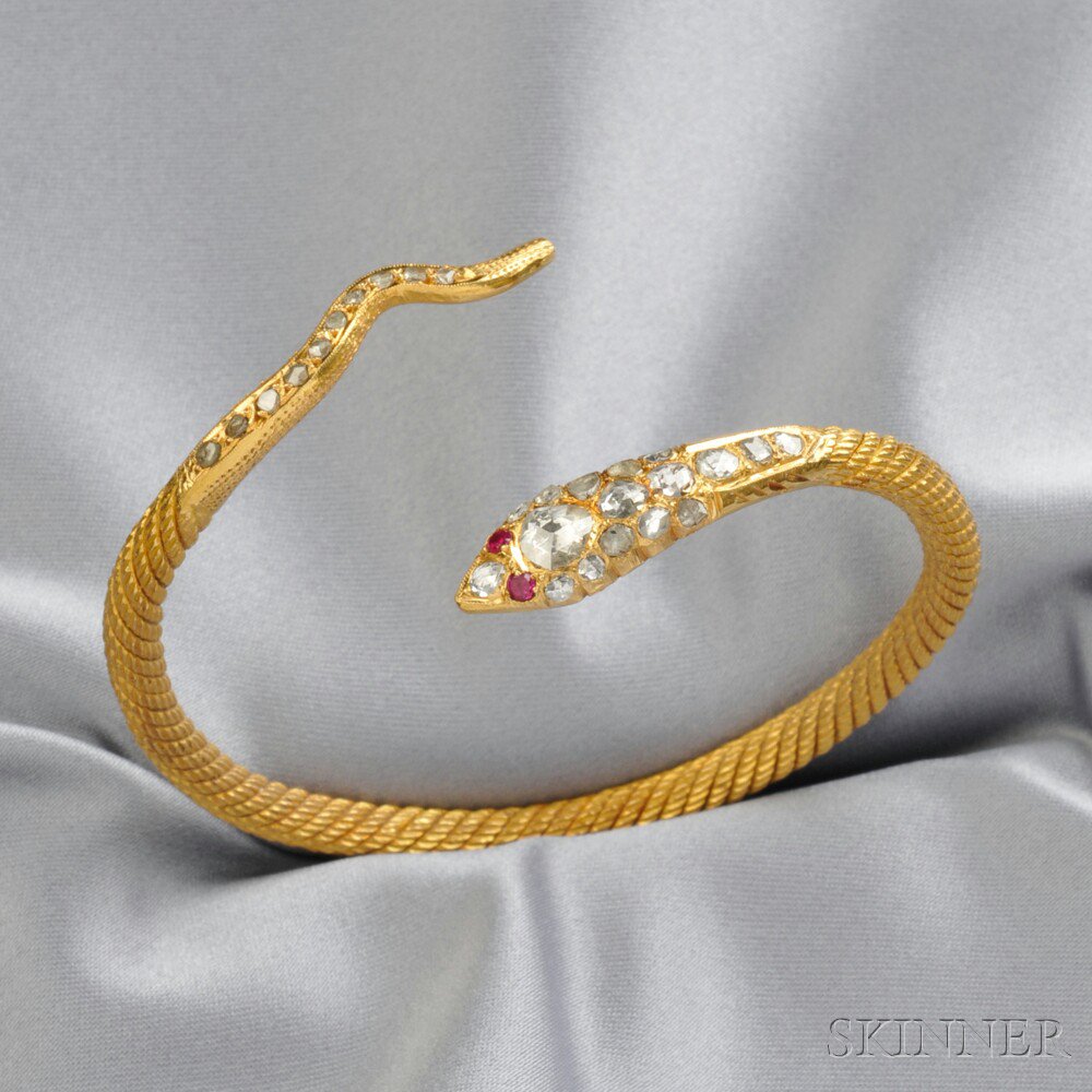 Appraisal: High karat Gold and Diamond Snake Bracelet the head and