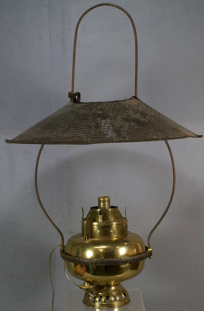 Appraisal: Brass and tin Victorian store lamp h Estimate -