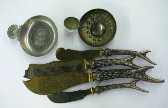 Appraisal: Group of Fish Knives and French Ashtrays knives have antler