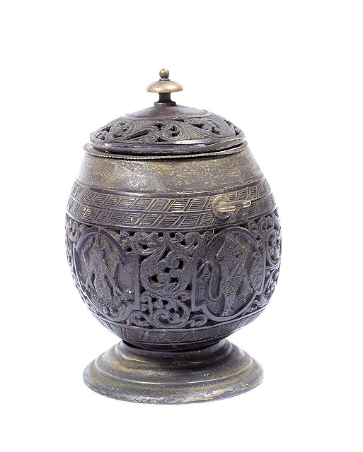 Appraisal: A Sri Lankan carved coconut vase and coverwith silver plated