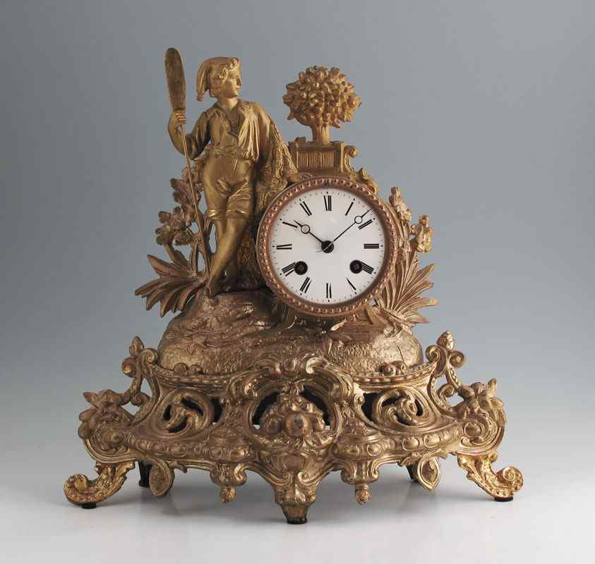 Appraisal: JAPY FRERES FRENCH GILT FIGURAL CLOCK Gilt spelter figural case