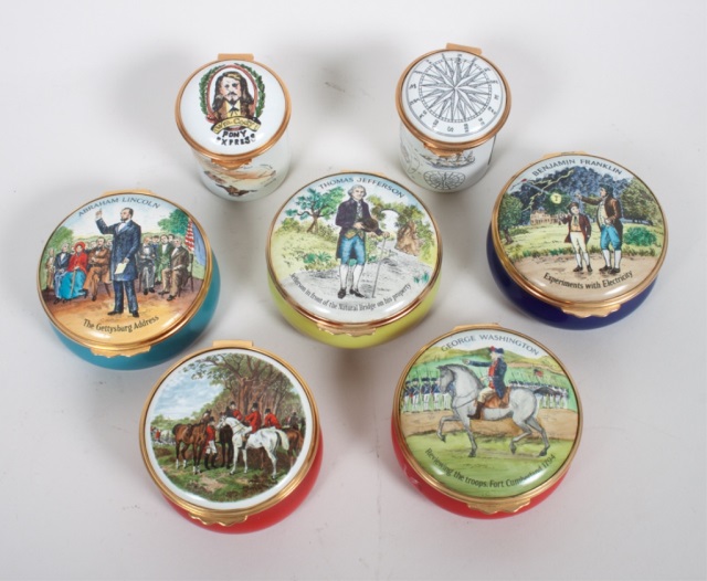 Appraisal: Seven English enamel boxes gilt-metal-mounted enamel boxes with historical figures