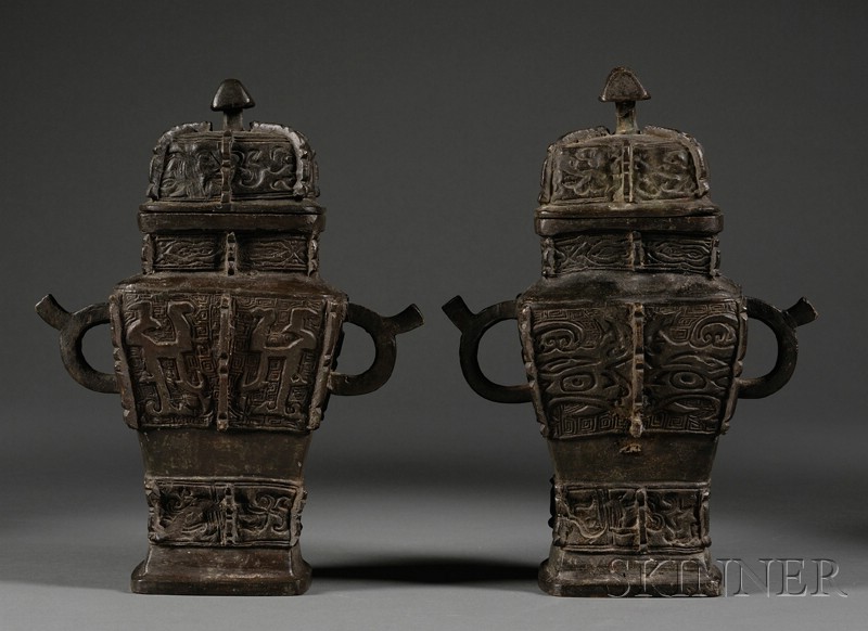 Appraisal: Pair of Bronze Covered Jars China late th century cast