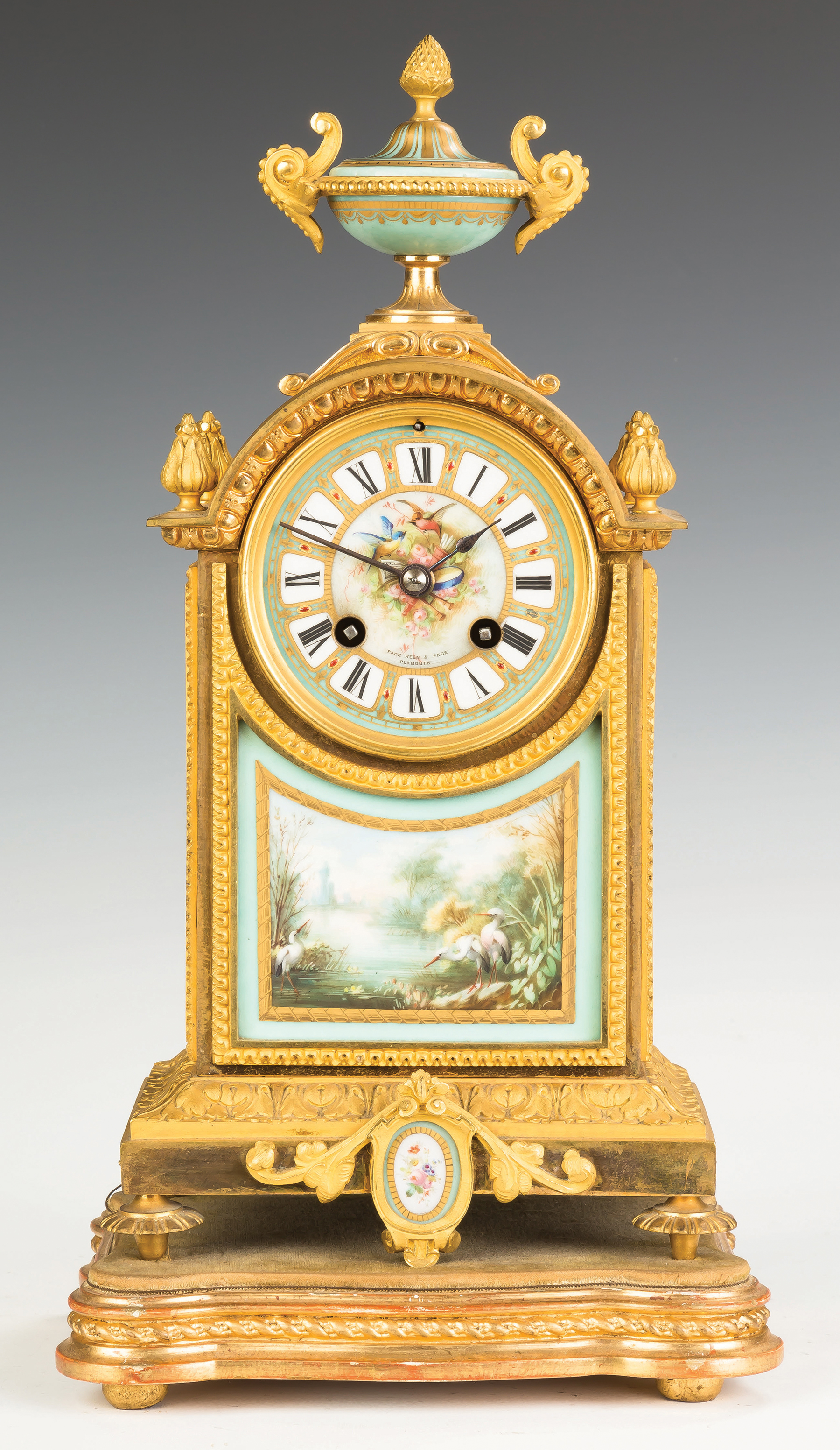 Appraisal: French Gilt Bronze and Porcelain Mantel Clock th century Painted