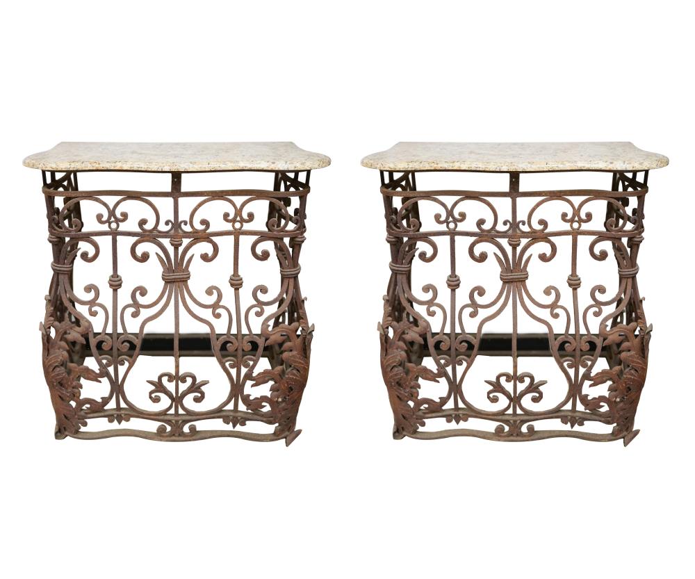 Appraisal: PAIR OF IRON MARBLE CONSOLE TABLES th century inches wide