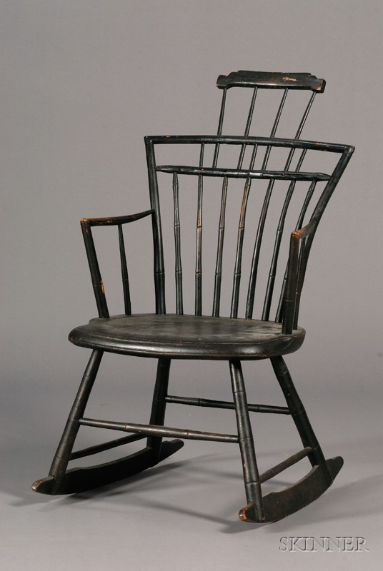 Appraisal: Black-painted Comb-back Rocking Arm Chair New England early th century