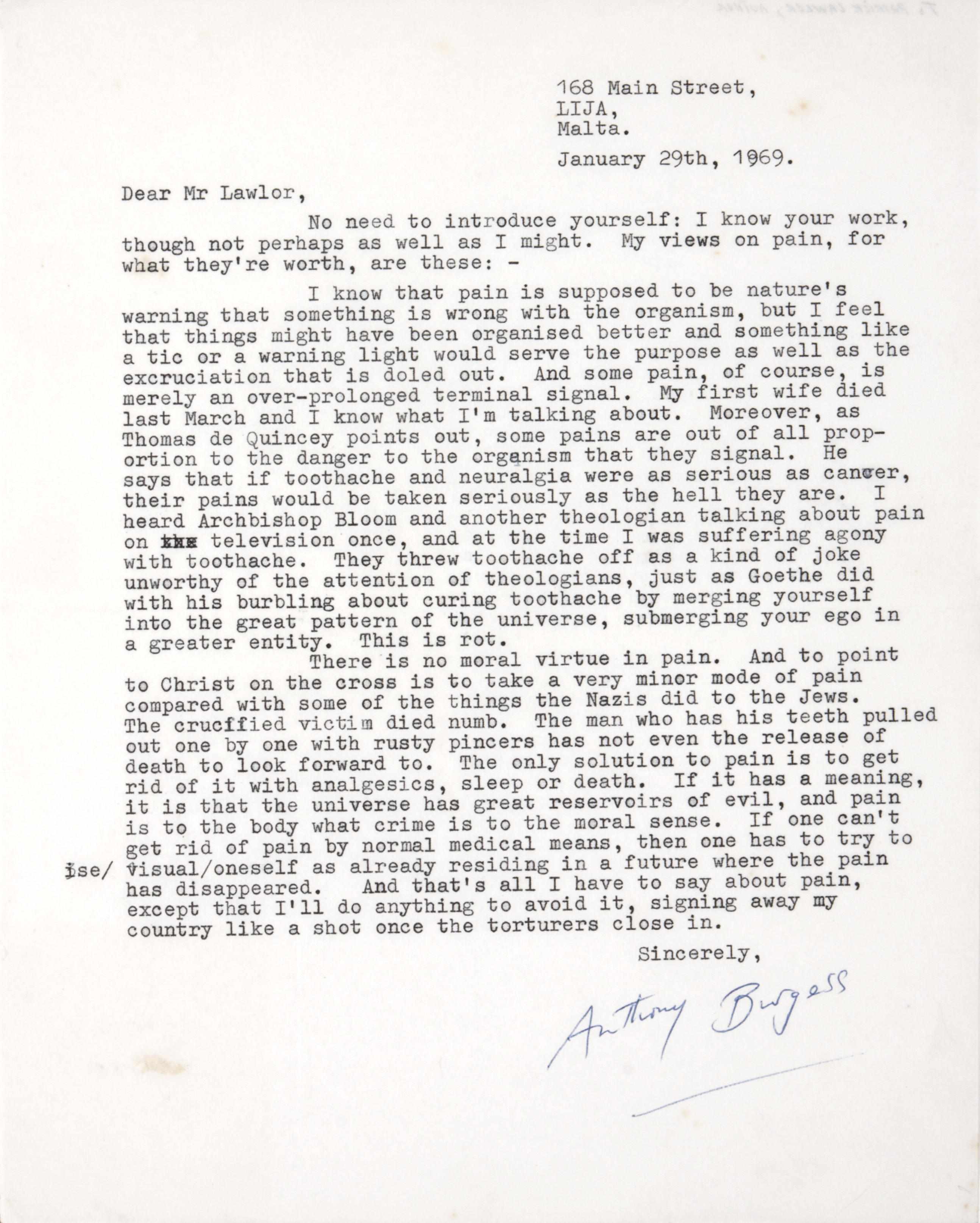 Appraisal: BURGESS ANTHONY - Typed Letter Signed ''Anthony Burgess'' p to