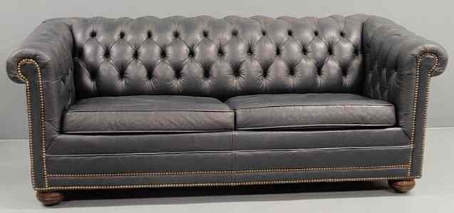 Appraisal: Baker Furniture Co blue leather Chesterfield sofa h x w