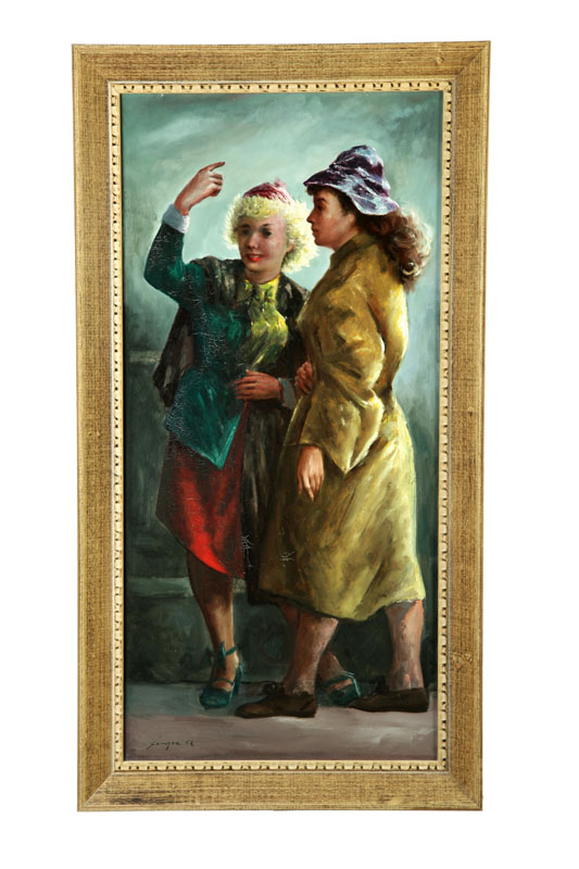 Appraisal: GIRLS HAILING A TAXI BY CLYDE SINGER OHIO - Oil