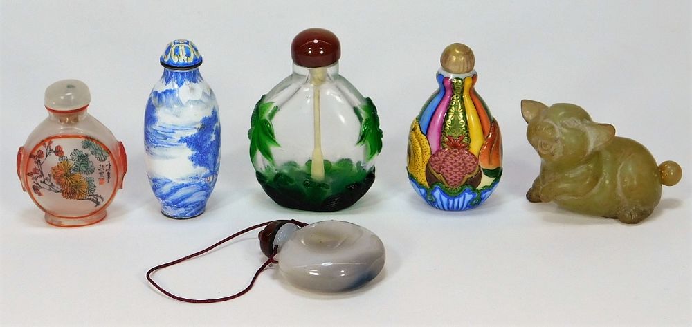 Appraisal: Chinese Painted Glass Hardstone Snuff Bottles China th Century Includes