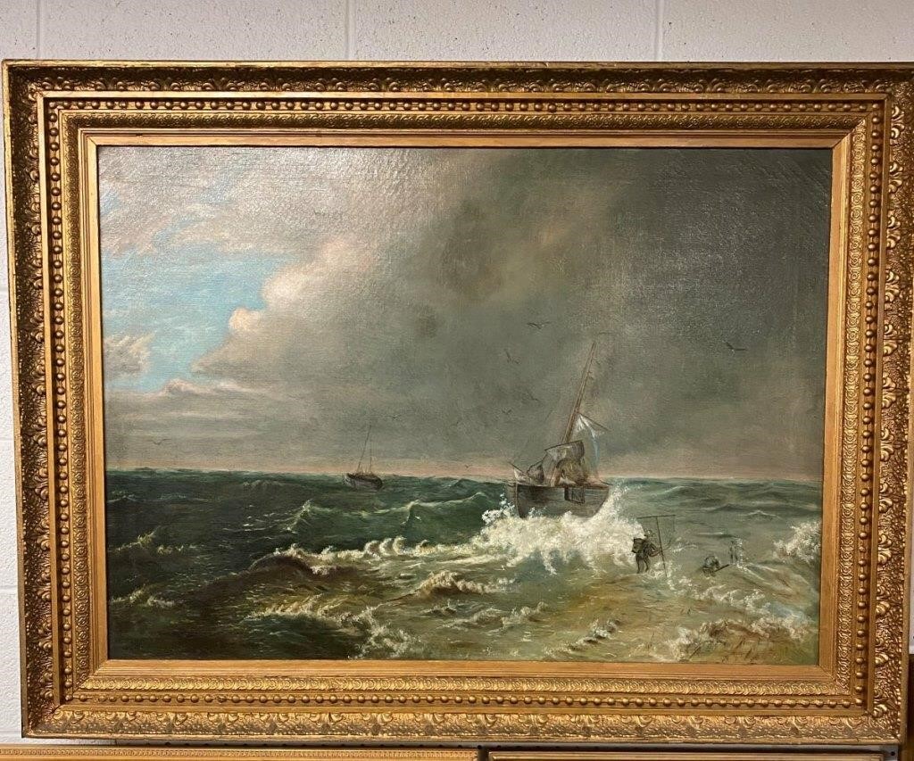 Appraisal: Large oil on canvas fishing boat and men with nets