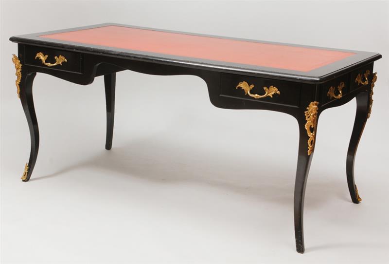 Appraisal: R gence Style Ormolu-Mounted Ebonized Bureau Plat With leather writing