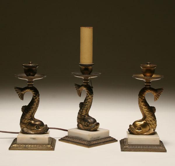 Appraisal: Three Pairpoint candlestick accent lamps each gilt dolphin is raised