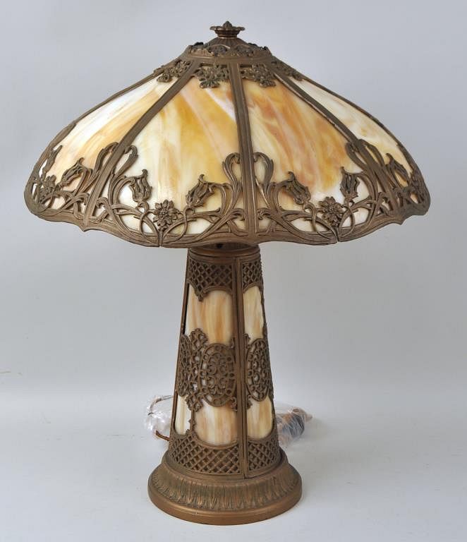 Appraisal: Slag Glass Lamp with creamy amber white and purple hues