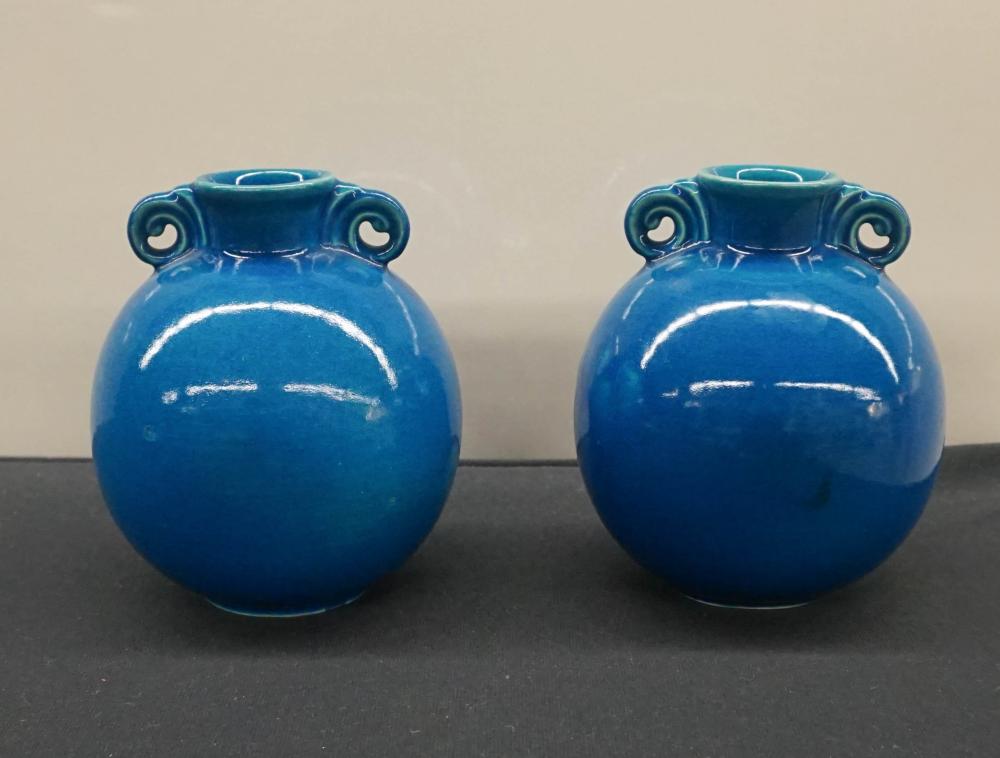 Appraisal: PAIR COWAN DARK BLUE GLAZE POTTERY TWO-HANDLE VASES H IN