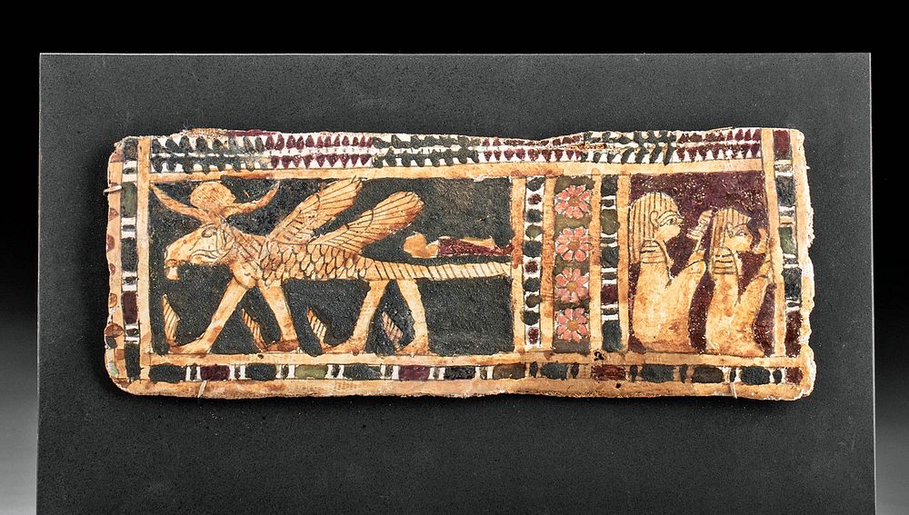 Appraisal: Egyptian Polychrome Cartonnage Panel w Criosphinx Egypt Late Dynastic Period