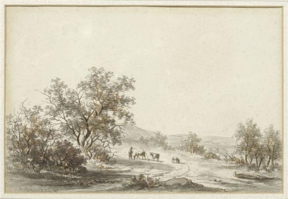 Appraisal: DANEKES ANDREAS Amsterdam - Hilversum Landscape with shepherd and cow