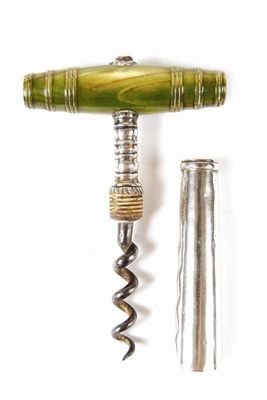 Appraisal: A George III silver pocket corkscrew with a green stained