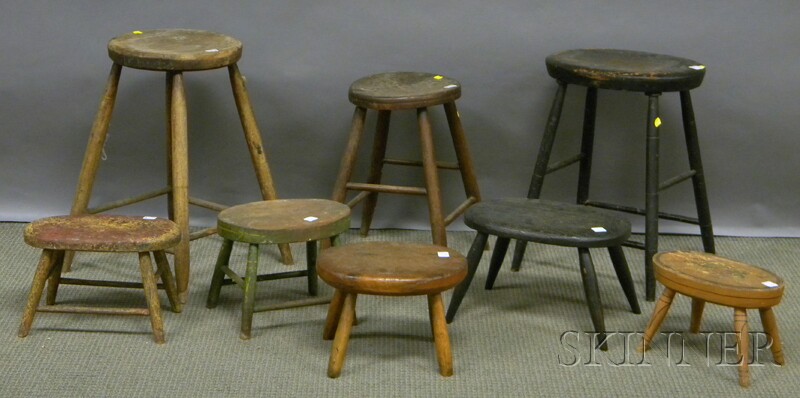 Appraisal: Five Mostly Painted Wood Footstools and Three Stools with splayed