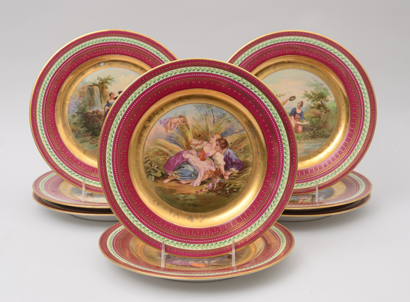 Appraisal: SET OF EIGHT VIENNA HAND-COLORED TRANSFER-PRINTED PORCELAIN CABINET PLATES Marked