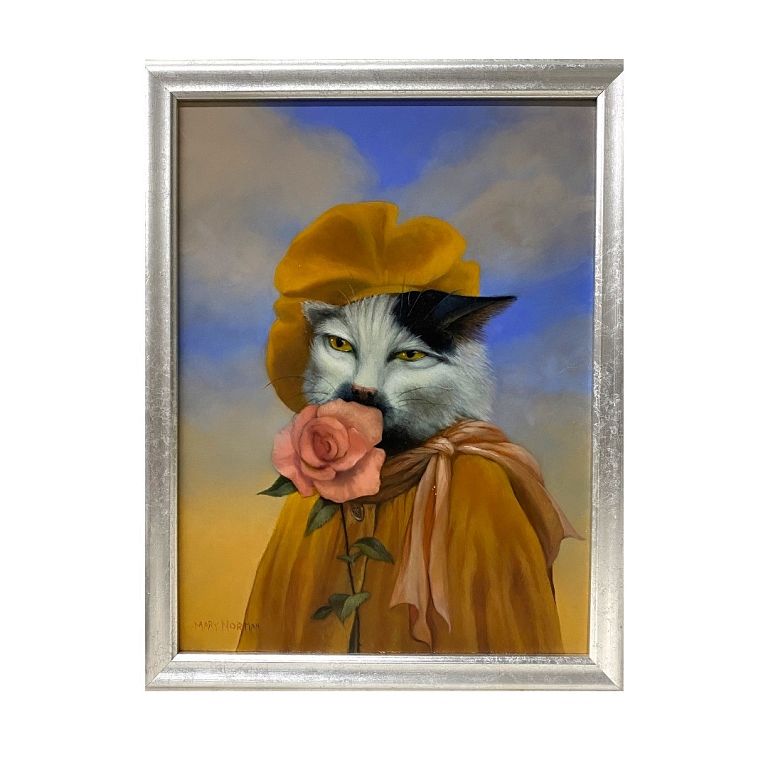 Appraisal: Oil on Board of Cat Smelling a Rose Painting of