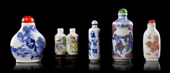 Appraisal: A Collection of Five Porcelain Snuff Bottles comprising a large