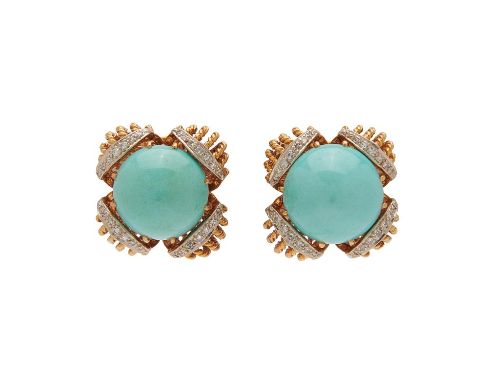 Appraisal: K Gold Turquoise and Diamond Earclips each centering a round