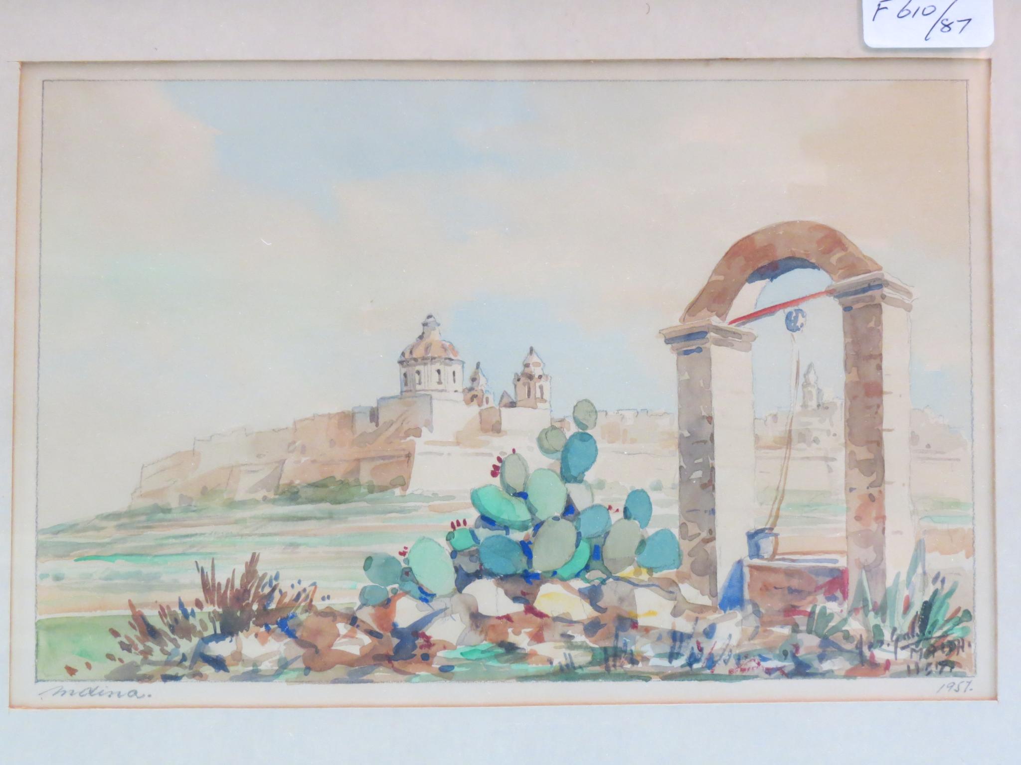 Appraisal: A watercolour - Mdina Malta indistinctly signed inscribed and dated