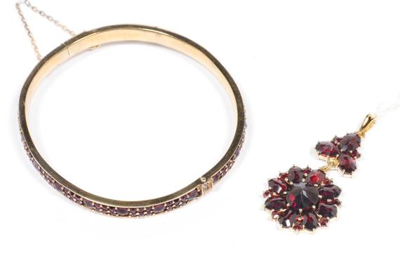 Appraisal: GARNET BANGLE AND PENDANT Silver gold-plated Plain bangle set throughout