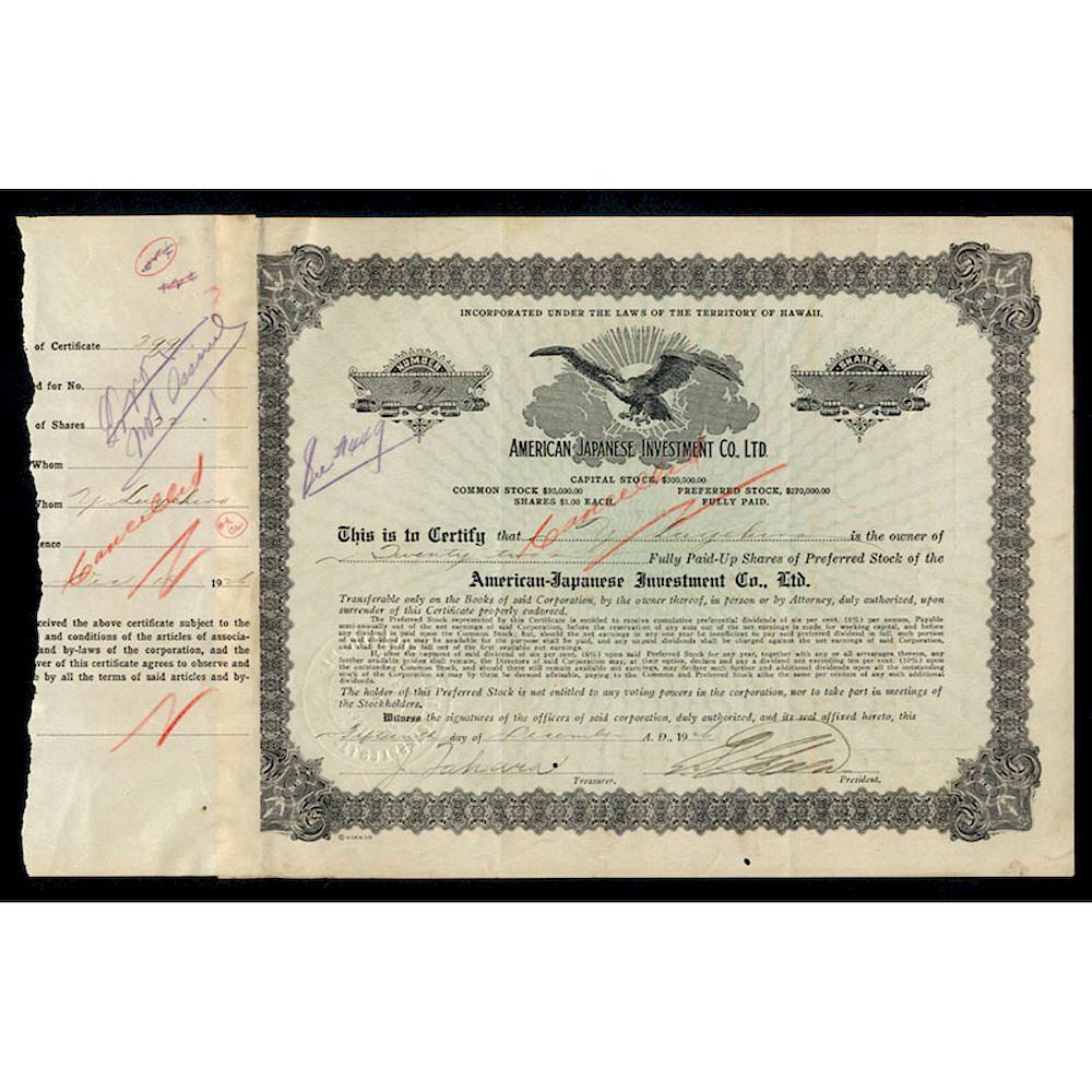 Appraisal: American Japanese Investment Co Ltd Issued Stock Certificate Hawaii Stocks