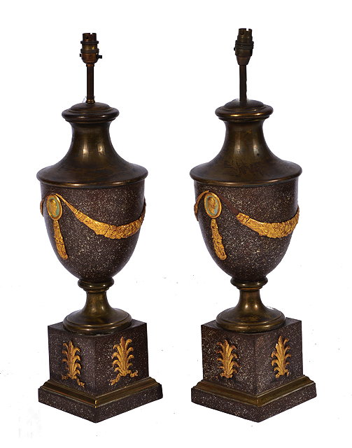 Appraisal: A PAIR OF FAUX PORPHYRY TABLE LAMPS of classical urn