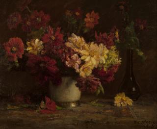 Appraisal: Theodore Clement Steele ''Dahlias'' still life with flowers and two