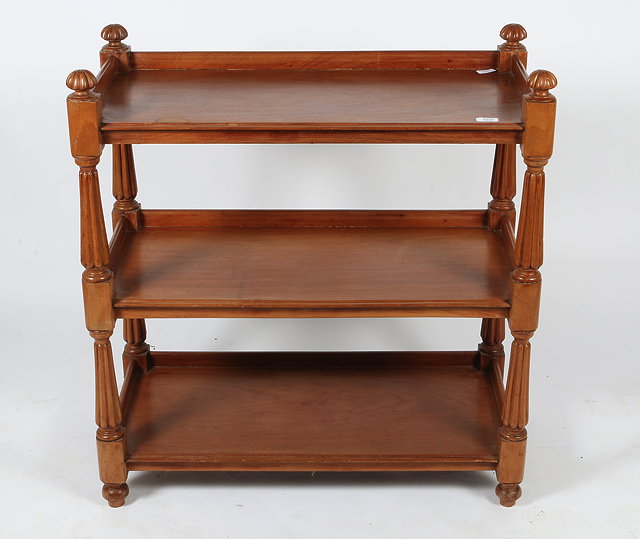 Appraisal: A MAHOGANY RECTANGULAR THREE TIERED WHATNOT with reeded supports and