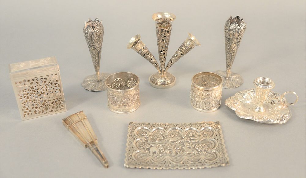 Appraisal: Nine-piece silver lot to include vases candleholder cigarette box two