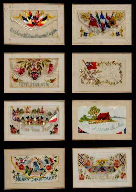 Appraisal: A SET OF WORLD WAR ONE EMBROIDERED SILK CARDSframed behind