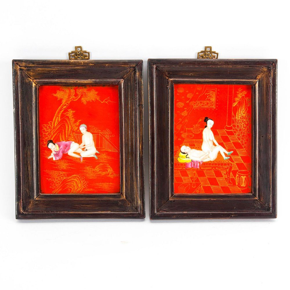 Appraisal: PAIR OF CHINESE WOOD FRAMED EROTIC PORCELAIN TILES Republic of