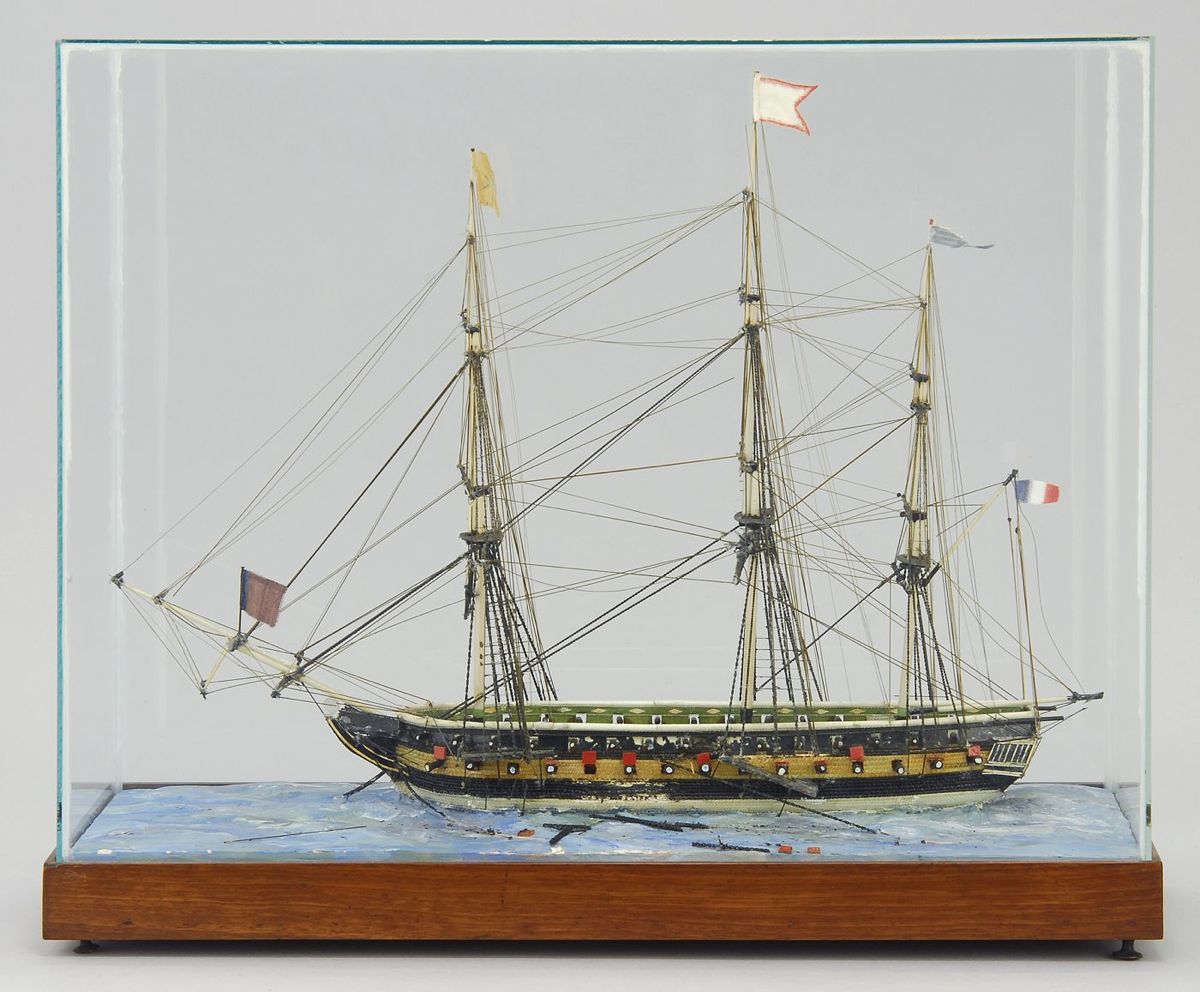 Appraisal: RARE CASED FRENCH SIXTY-GUN WARSHIP MADE OF GLASS Set upon