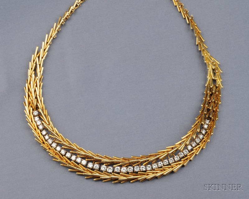 Appraisal: kt Gold and Diamond Necklace composed of layered rods framing