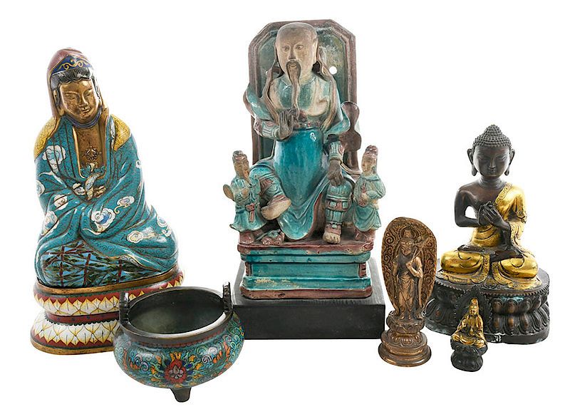 Appraisal: Six Vintage Asian Altar Objects comprising one glazed earthenware male